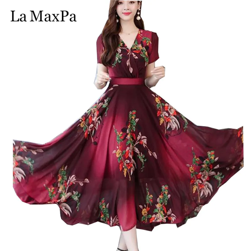 Loose Large Size Beach Vacation Dress New Arrival Print Chiffon Dress V Neck Fashion Elegant midi dress Casual korean dress