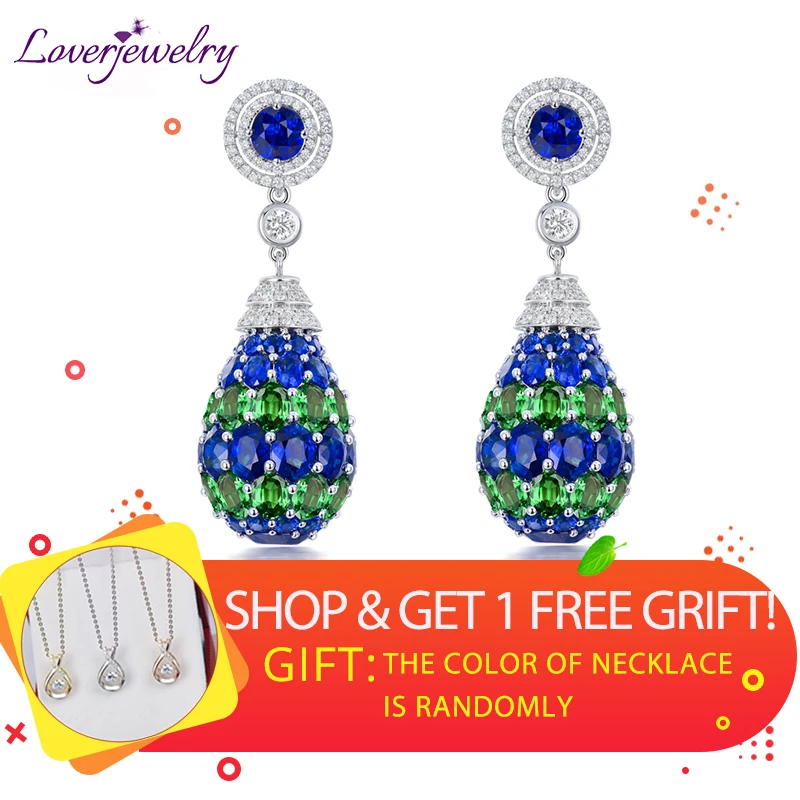LOVERJEWELRY, роскошные ювелирные изделия, 18 К, белое золото, синий сапфир, висячие серьги, цаворит, бриллианты, серьги для женщин, вечерние, свадебные
