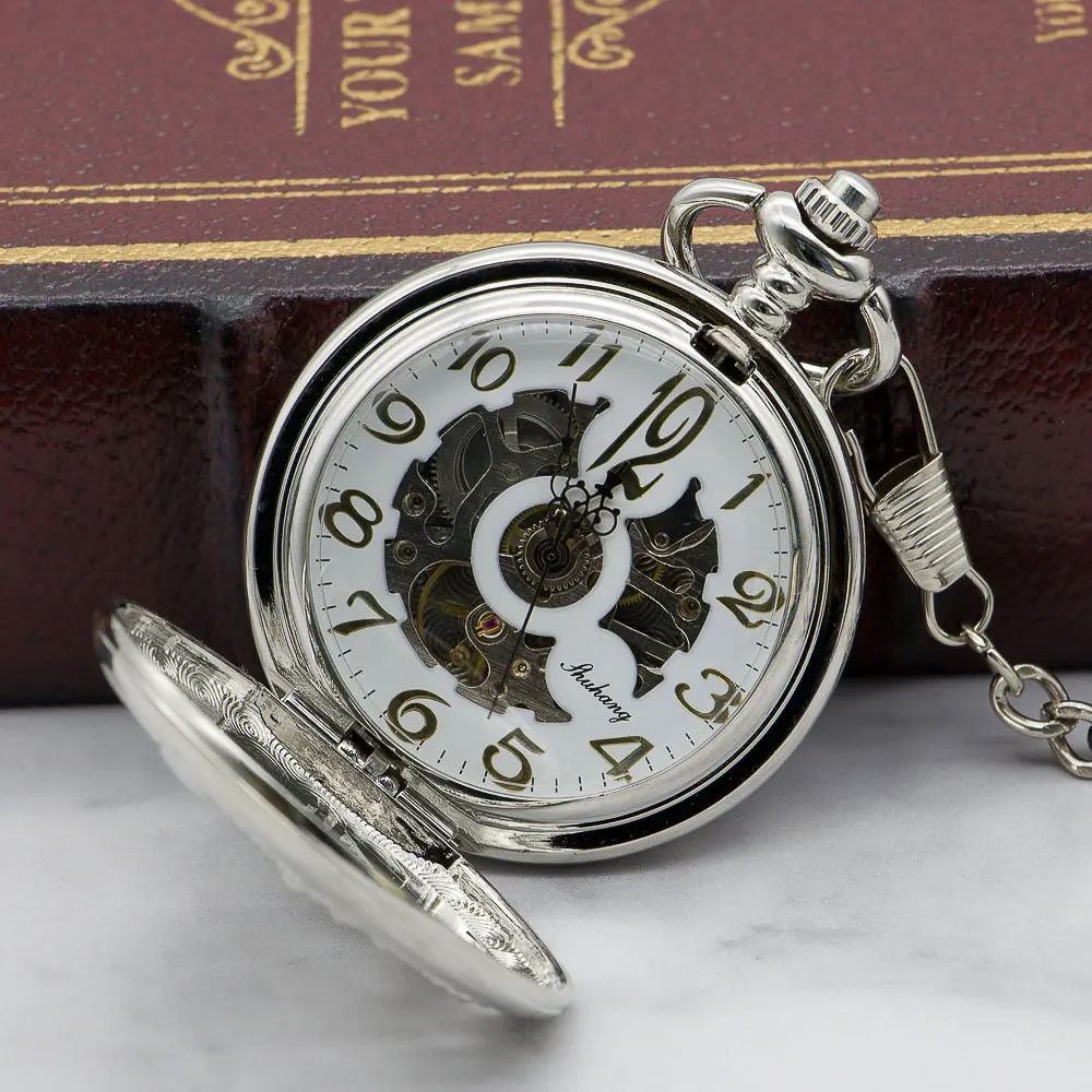 Luxury Mechanical Hand Wind Double Cranes Hollow Skeleton Dial Steampunk Silver Design Pocket Watch Men Women PJX1317