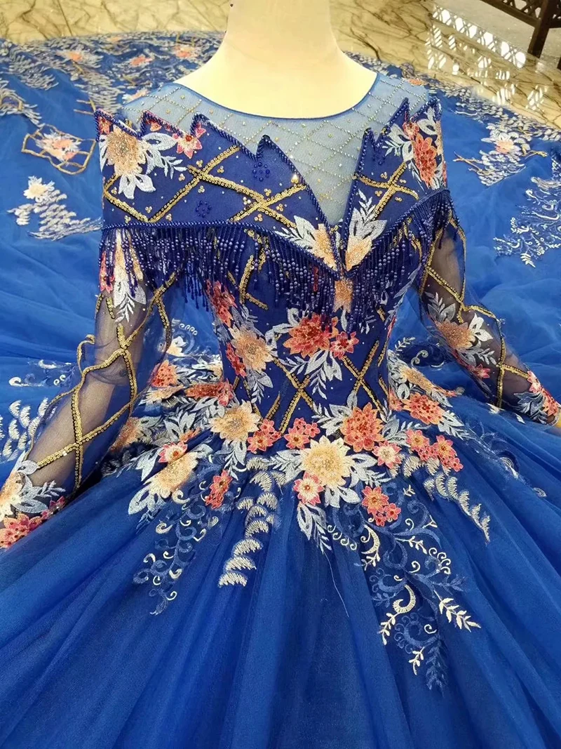 Синие вечерние платья LS11234 с длинным шлейфом круглым вырезом длинными рукавами