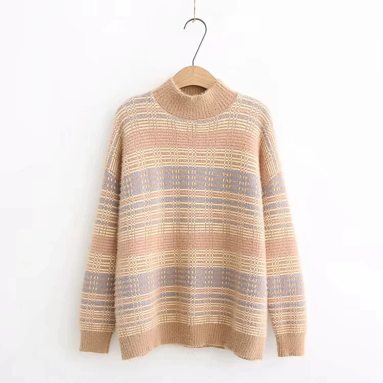 Colorful line jacquard Half high collar long sleeve pullover sweater mori girl | Женская одежда