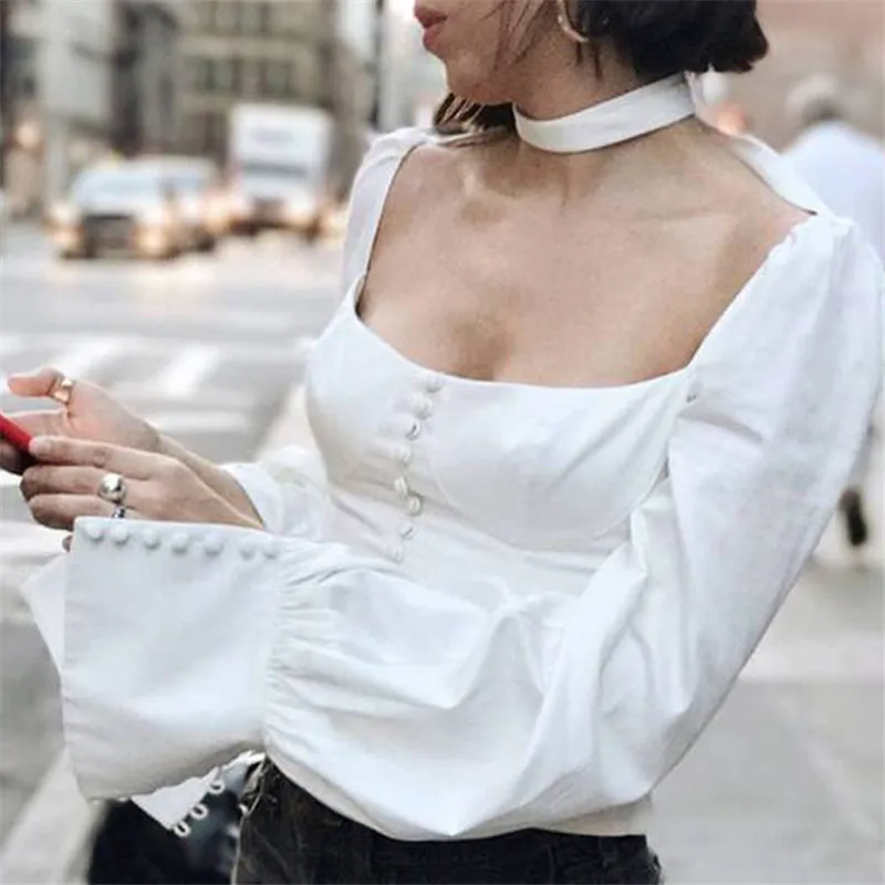 2018 летняя винтажная Женская белая блузка облегающая женская с длинным рукавом| |
