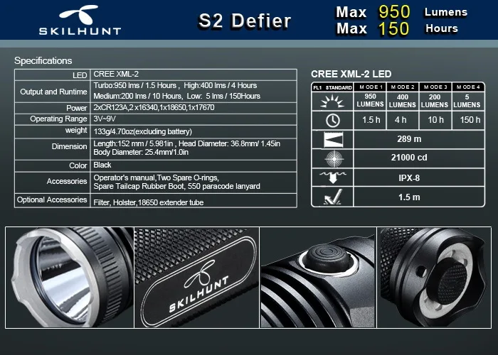 

Free Shipping Skilhunt S2 Defier CREE XM-L2 950 Luems Led flashlight camping Torch compatible with 18650 battery