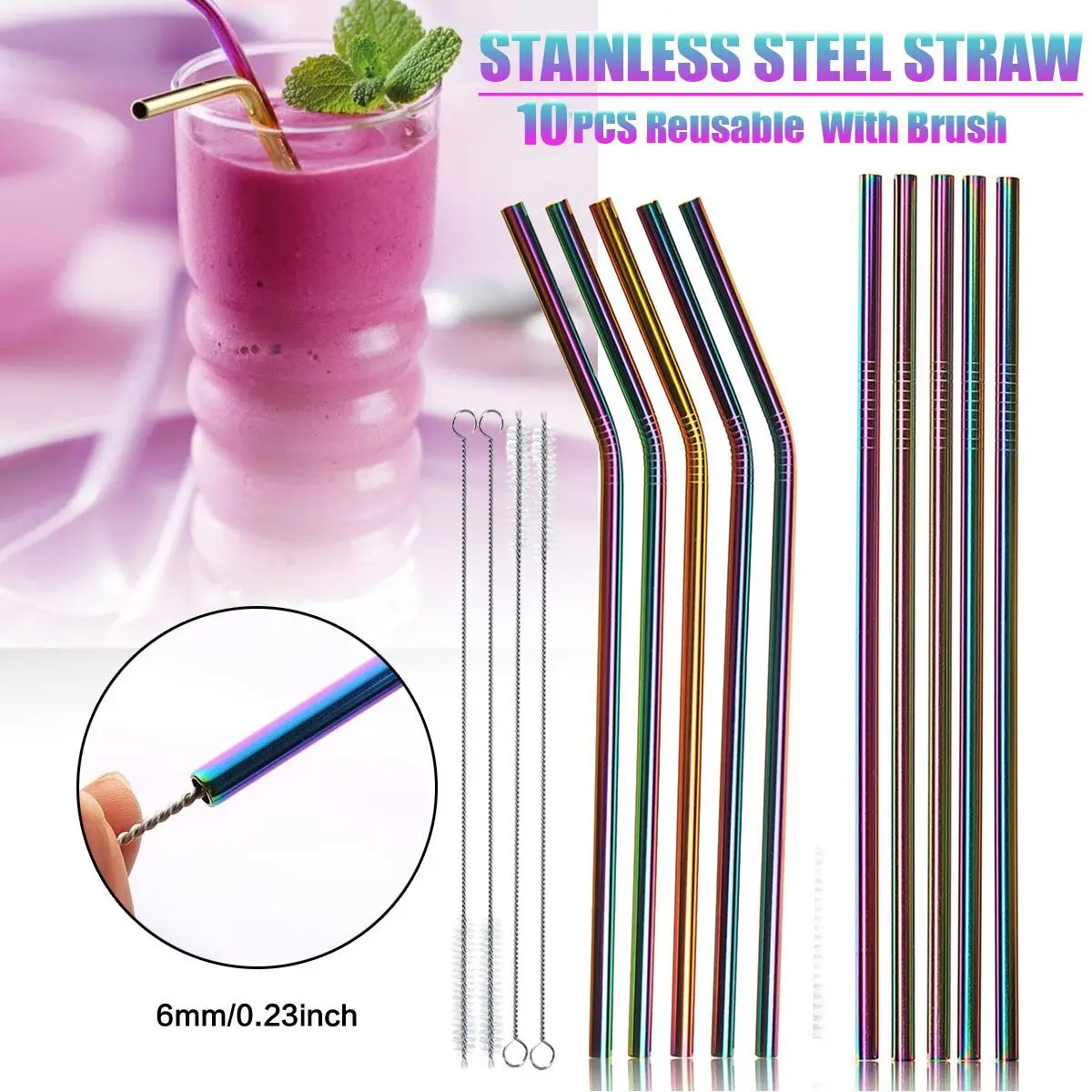 7pcs Reusable Drinking Straw Metal Stainless Steel Straw With Cleaner Brush For Home Party Barware Bar Accessories