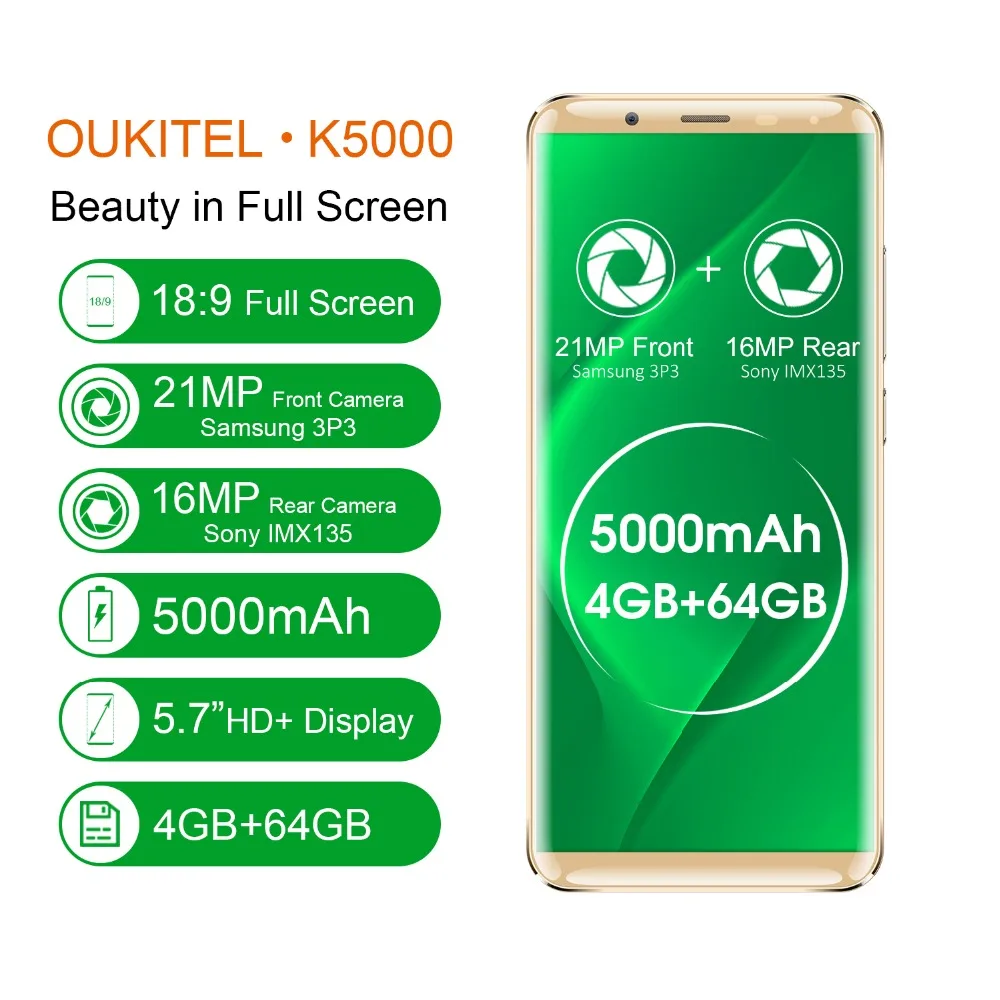 Oukitel K5000 5 7 ''HD 18:9 Дисплей 4G B Оперативная память 6 Встроенная mtk6750t восемь ядер 5000