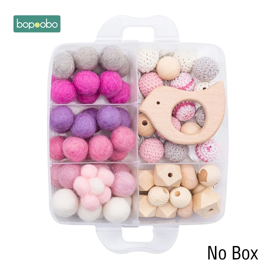 Pink Bird Set-1 Bopoobo 1Set Baby Teether DIY Silicone Beads Pacifier Clip Chain Baby Mobile Wool ball BPA Free Wooden Crochet Beads Teether - Цвет: Pink Bird Set-1