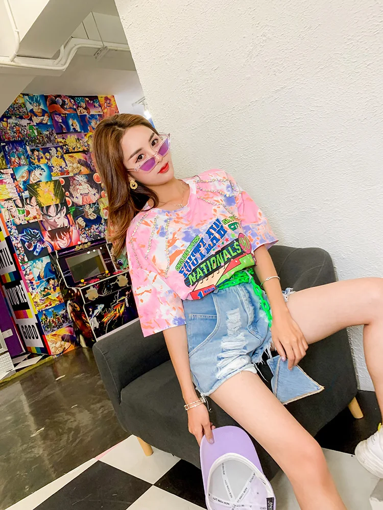 Для женщин Летняя мода яркое круглым вырезом футболки Street Wear Бисер летние шорты