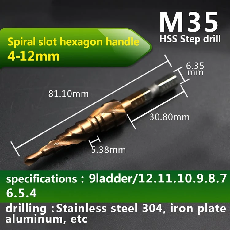 Bronze 4 12mm 1pc JIGONG HSS-CO M35 шестигранный хвостовик спиральный паз Шаг сверло металлический конус Шаг сверло из нержавеющей стали Отверстие пила отверстие резак - Цвет: Bronze 4 12mm 1pc