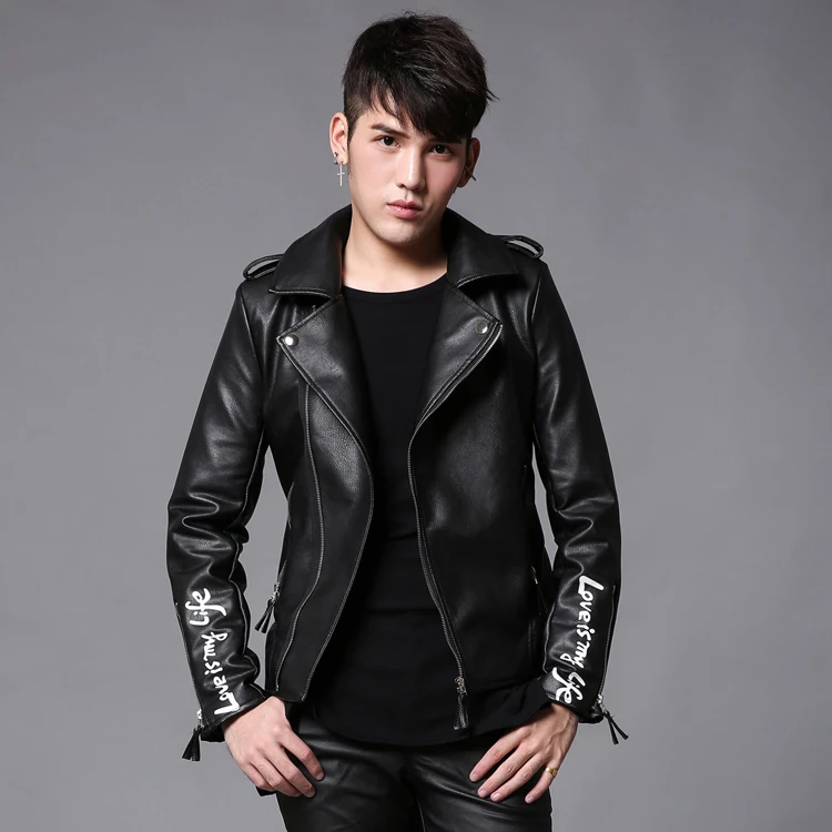 

Мужская кожаная куртка с длинным рукавом, с принтом и отложным воротником, из искусственной кожи, Новинка осени 2019