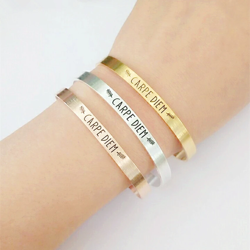 

Wholesale 10pcs/lot Carpe Diem Bracelets & Bangles For Men Women Stainless Steel Jewelry Gold Color Double Leaf Bracelet Homme