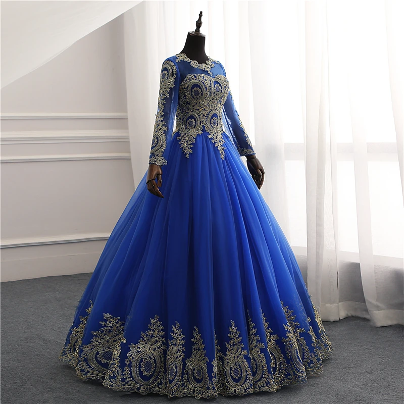 Новинка Vestidos de Noiva, Королевский синий тюль, винтажное свадебное платье с длинными рукавами, Золотая кружевная вышивка, аппликация для невесты, свадебное платье для невесты