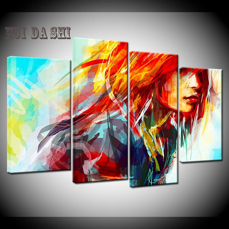 

Canvas HD Prints Paintings Wall Art Home Decor Room Framework 4 Pieces Colorful Hair Figure Woman Face Poster Abstract Pictures