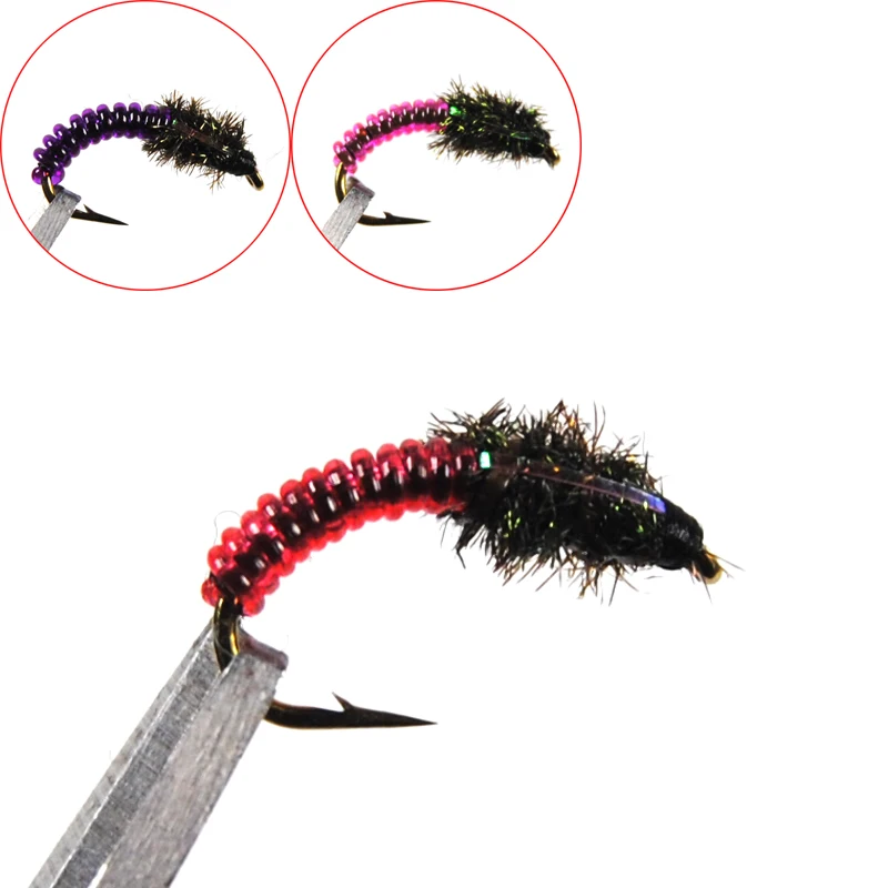 10 шт. #12 розовый красный фиолетовый Caddis Larva Chironomid Midge Pupa Buzzer Зебра Нимфа форель мухи