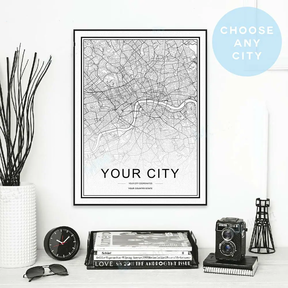 Black White Custom World City Map Paris London New York Posters Nordic Living Room Wall Art Pictures Home Decor Canvas Painting | Дом и сад