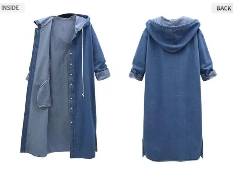 

Тренч Женский мешковатый, длинный, джинсовый, однобортный, с капюшоном и длинным рукавом