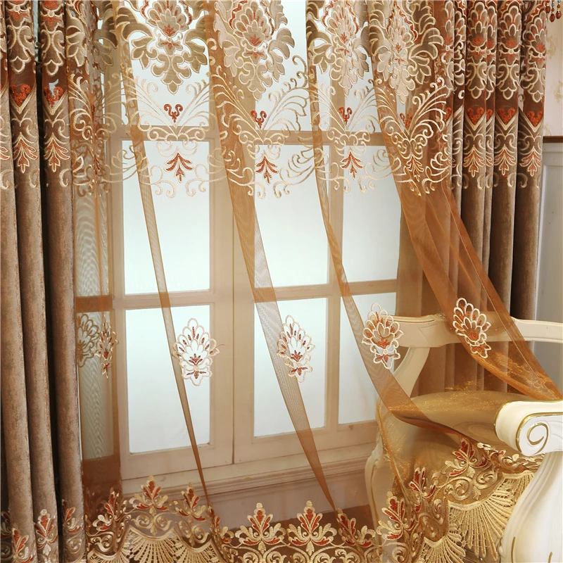 

Brown luxury villa velvet embroidered Curtains for Living Room high quality Classic custom Curtain for Bedroom upscale hotel