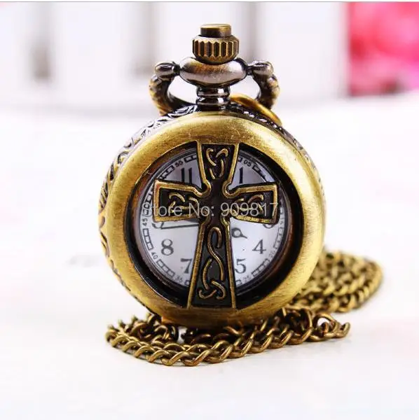 

10 pcs /lot vintage bronze classic hollow out cross Steampunk pocket watch necklace clock gift Wholesale
