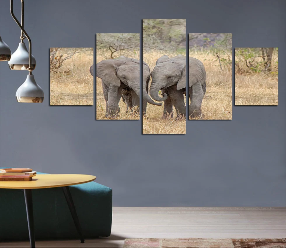 Картина маслом работает поле Два Слона Животные Играть картина холст украшение