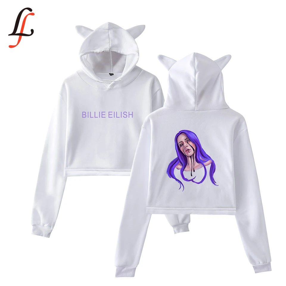 Billie Eilish Кепка с кошачьими ушками сексуальные толстовки модный тренд короткий кошачий Топ Женская толстовка с принтом сексуальная одежда Kpop
