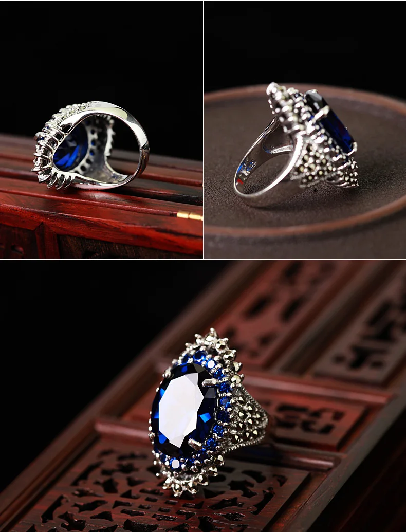 Тайское серебристого цвета, ювелирные изделия в стиле ретро, красно-синее кольцо с крупным камнем для женщин, Изысканные Свадебные обручальные кольца Anillos