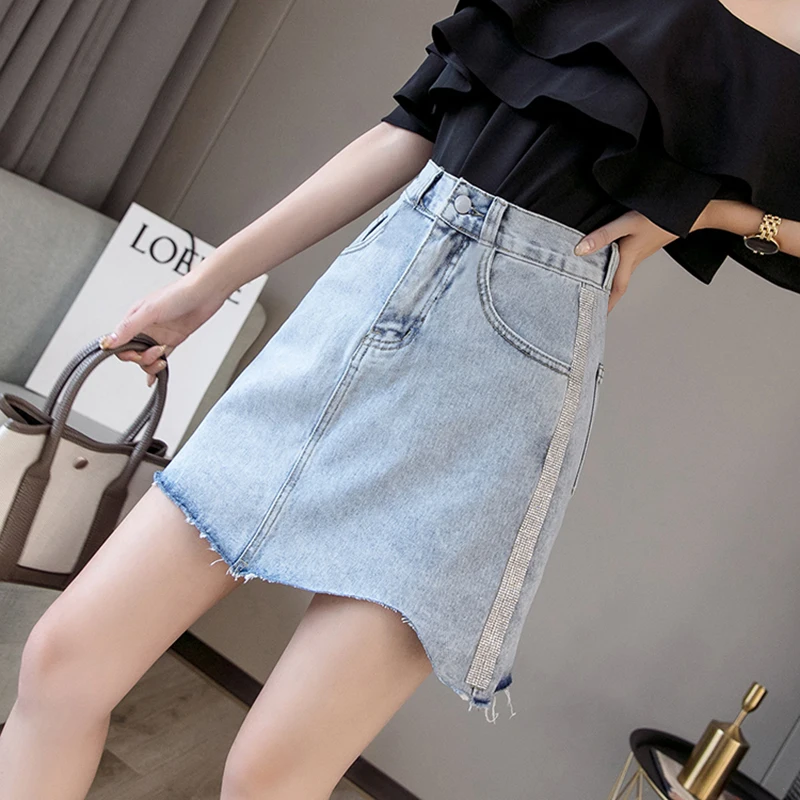 Светло синие горячие бурения Лоскутные Джинсовые юбки Femme 2019 Лето Уличная