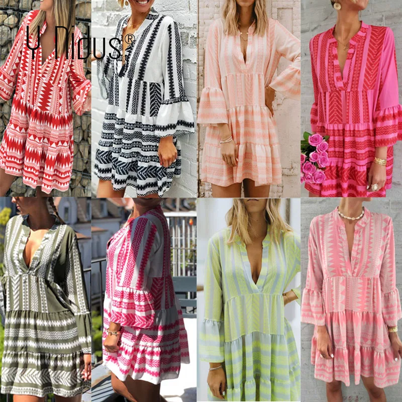 Y Nidus летние полосатые платья Мини женские 2019 Boho осенние вечерние короткие