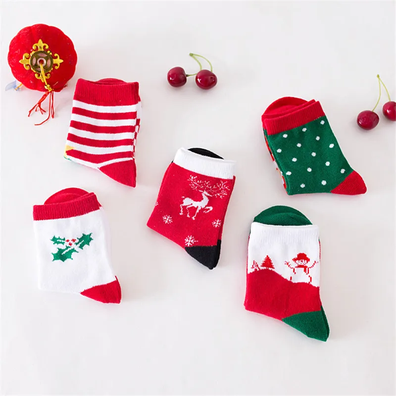 

5 pairs Spring Cotton Kids Socks Set Newborn Baby Girls Boys Sock Cute Christmas Tree Stripes Children Socks