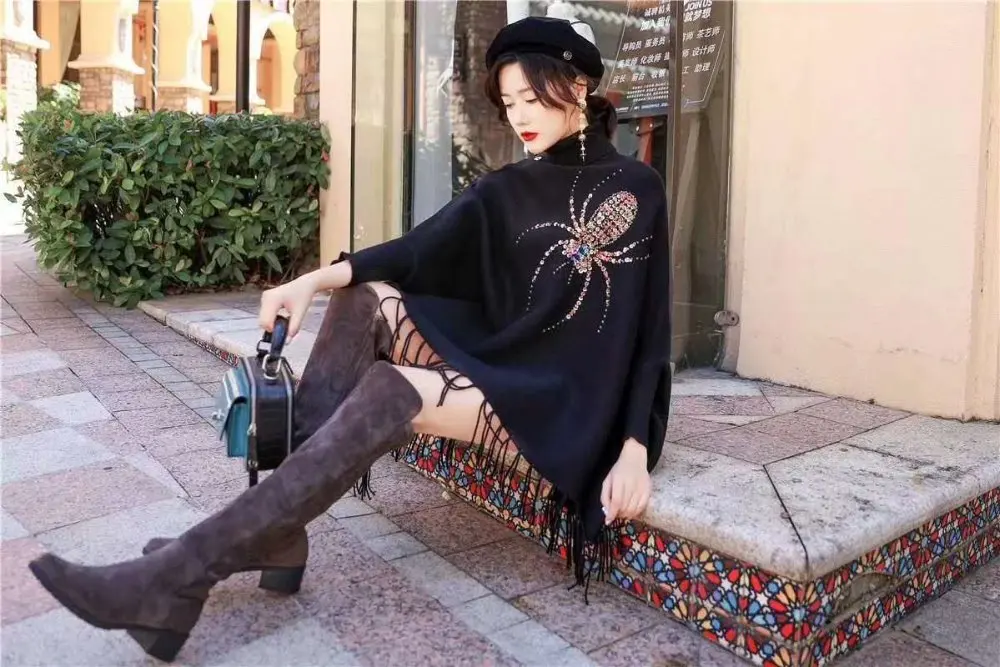 2019 New Personality High Quality Cloak Batwing Sleeve Pullovers Casual Fashion Loose Tassel Spring Autumn Sweater Clothes |