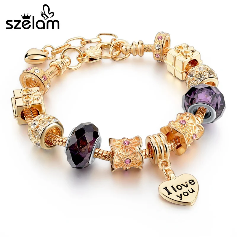 Szelam подарок! Браслеты из золотой цепи для женщин Femme Crystal Heart Love Charm браслеты