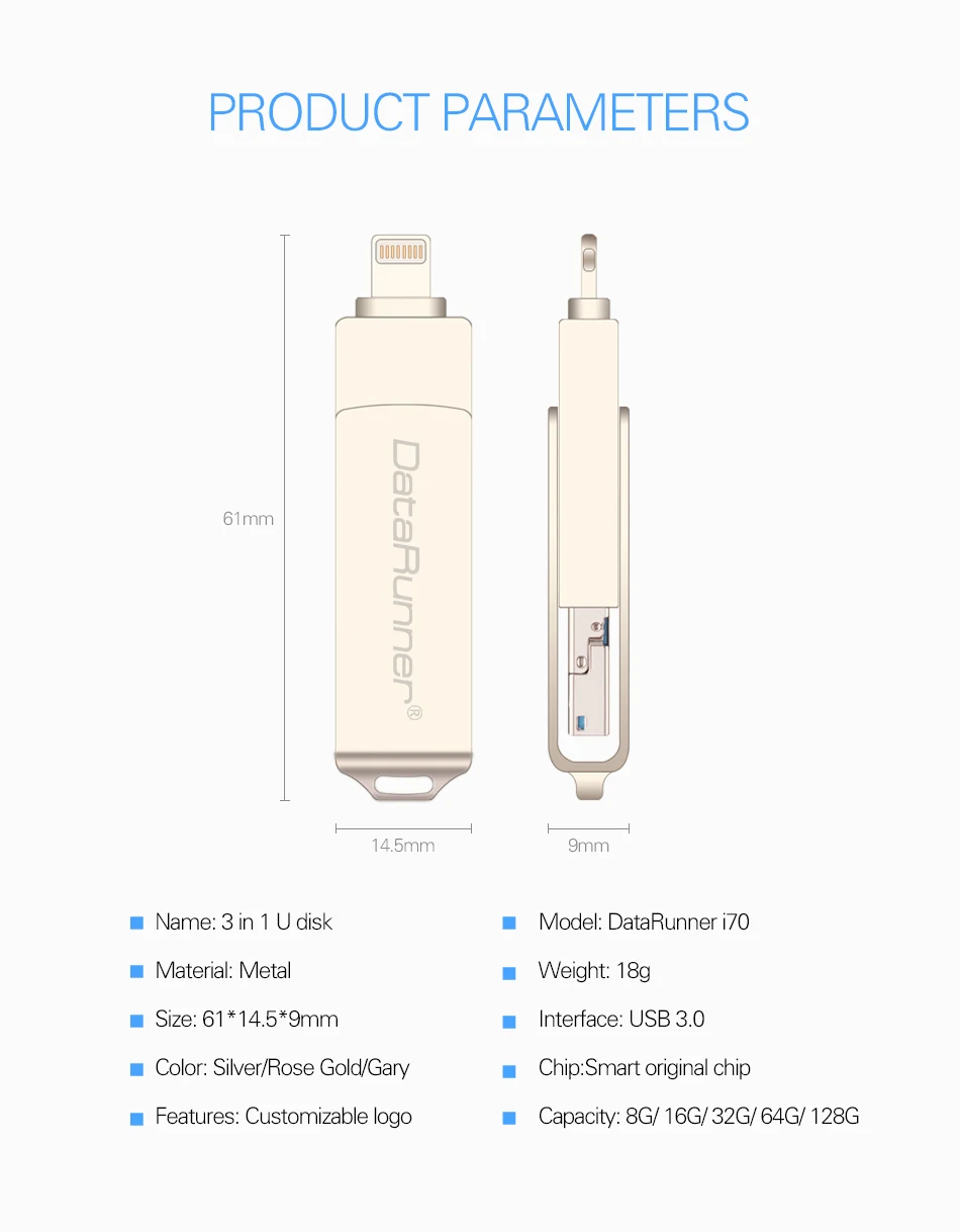 DataRunner USB флэш-накопитель портативный флэш-накопитель 32 Гб 64 Гб 128 usb-шнур 8 Гб 16 Гб Кле usb 3,0 Флешка для iPhone XS MAX/XR/X/8 Plus