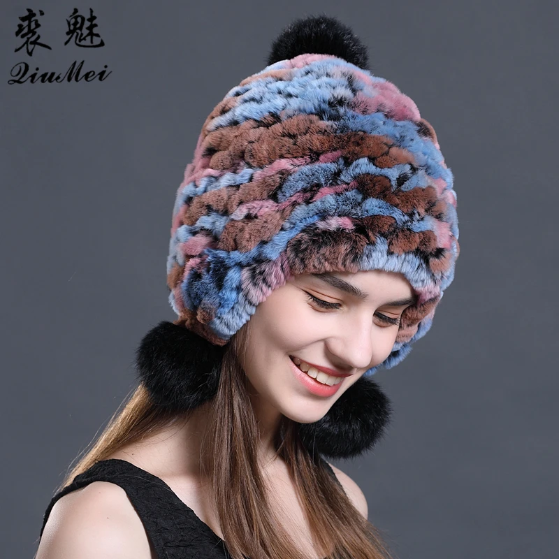 Женская Зимняя Шапка бини с помпонами в полоску|Женские Skullies и шапочки| |