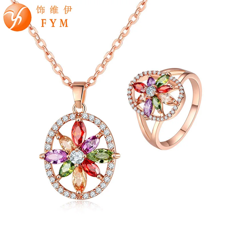 

FYM Fashion Hollow Flower Shape Colorful Necklace + Rings Wedding Bridal Jewelry Sets Cubic Zirconia Jewelry Set for women party