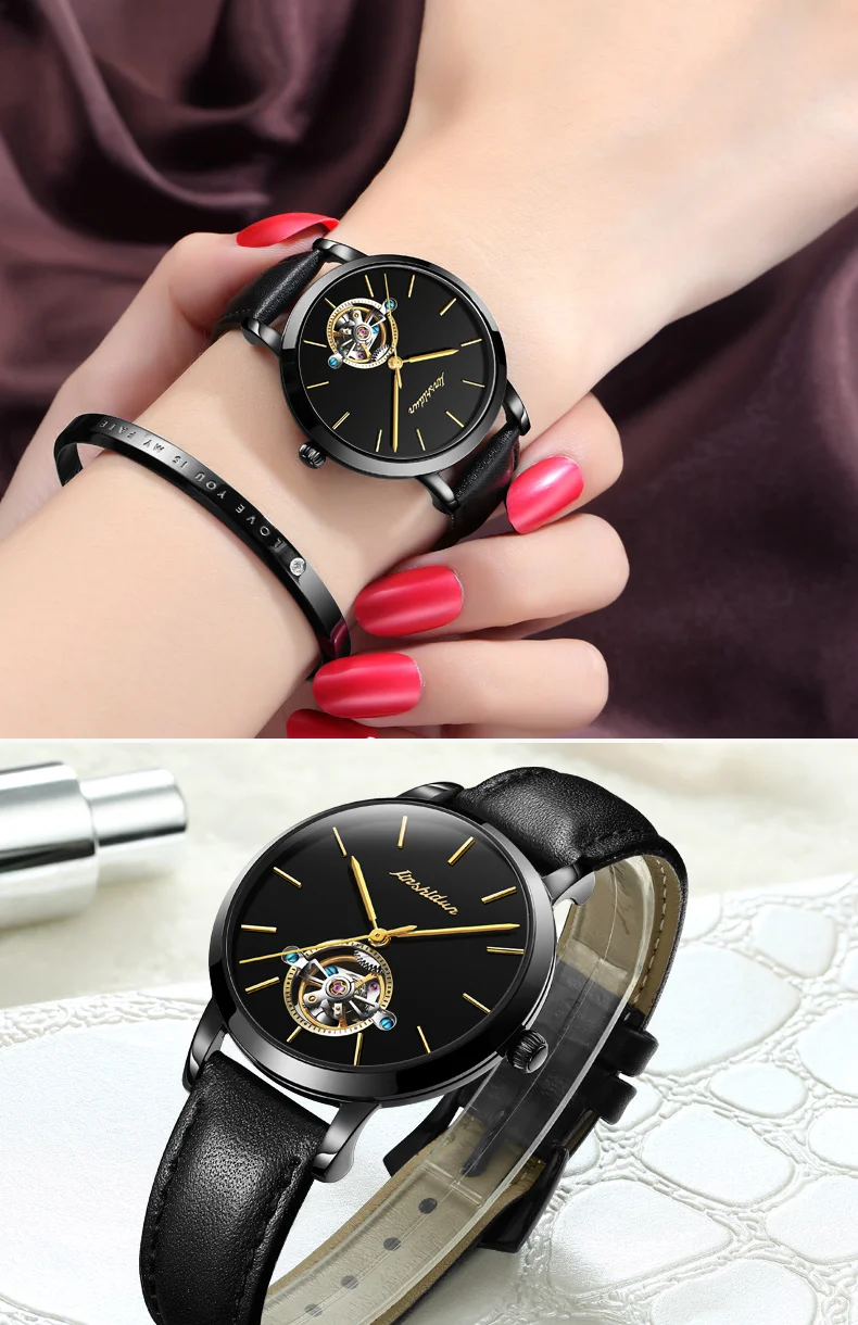 JSDUN модные женские часы Tourbillon женские Автоматические Механические черные наручные часы женское из нержавеющей стали часы relogio feminino