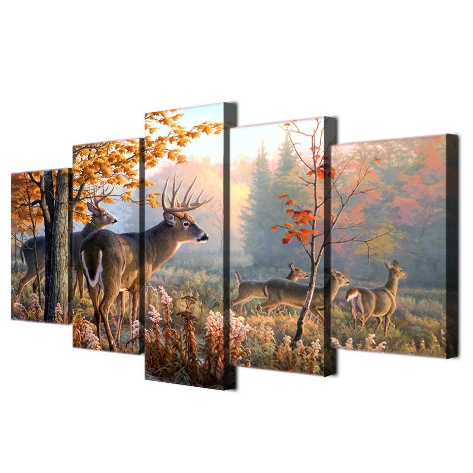 

HD Print Canvas Modular Picture 5 Panel Animal Deer Frame Wall Art Painting Fashion For Living Room Trees Landscape Decor Poster