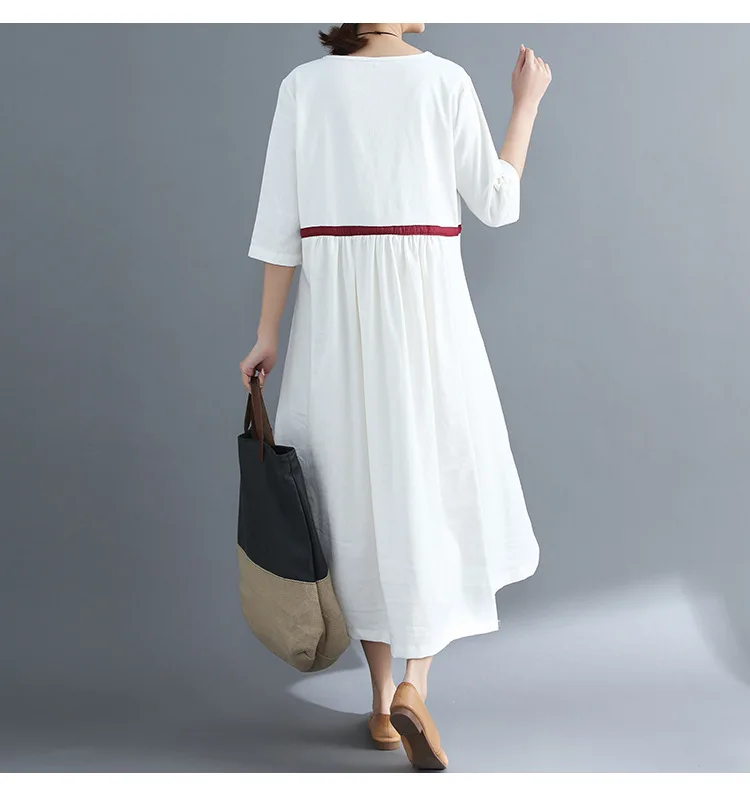 Платье женское длинное из хлопка и льна свободное короткое платье контрастных