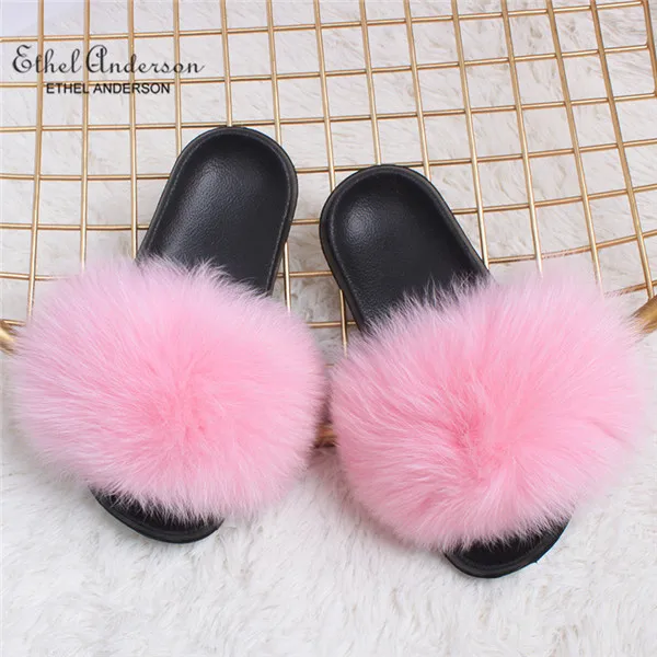Pink Fox Fur Новинка года; шлепанцы с натуральным лисьим мехом; шлепанцы для дома и улицы; женские меховые сандалии; обувь на плоской подошве; - Цвет: Pink Fox Fur