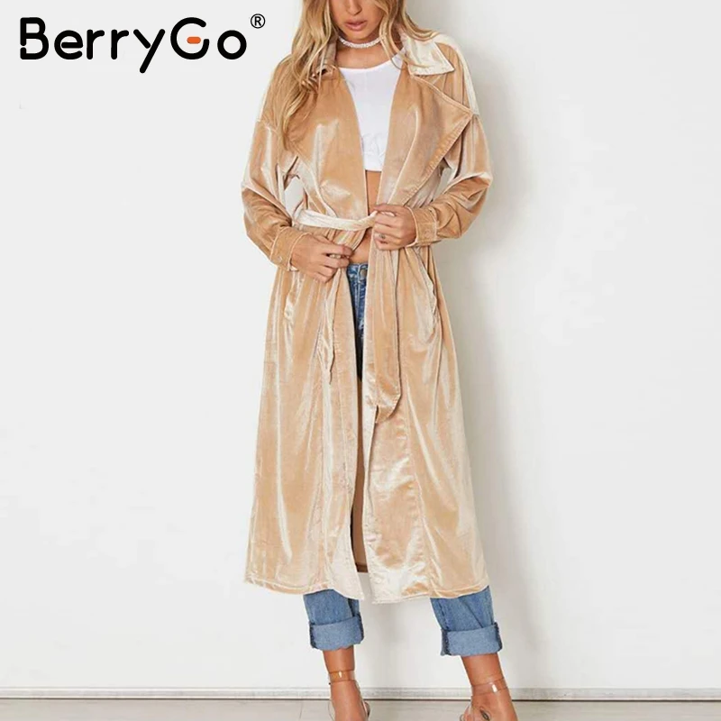 BerryGo Сексуальный Кардиган велюр Женские длинные пальто осень зима тонкий Тренч
