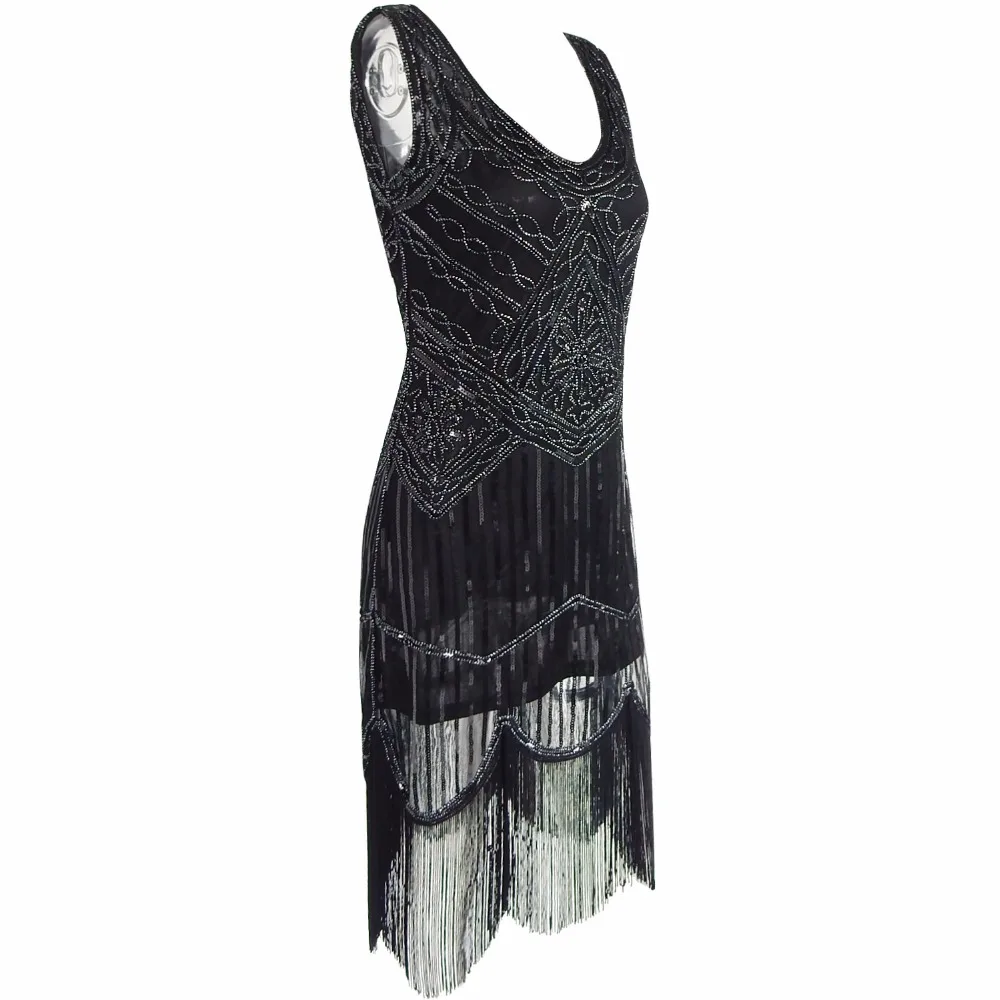 Женское вечернее платье Великий Гэтсби черное вечерние серебристое без рукавов