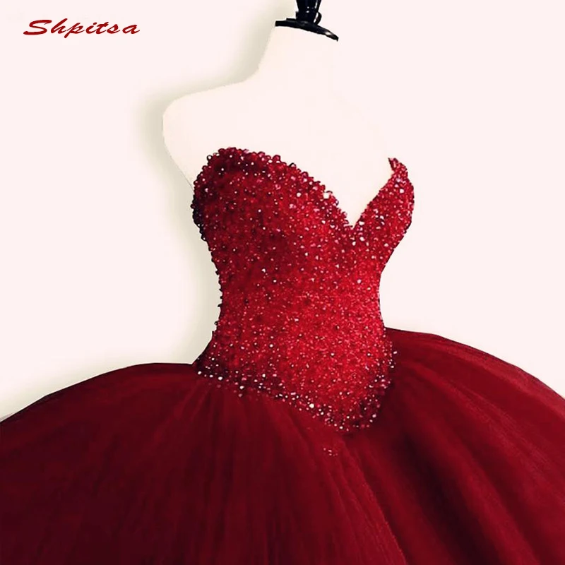 Роскошное бальное платье Quinceanera с кристаллами милое красное фатиновое для