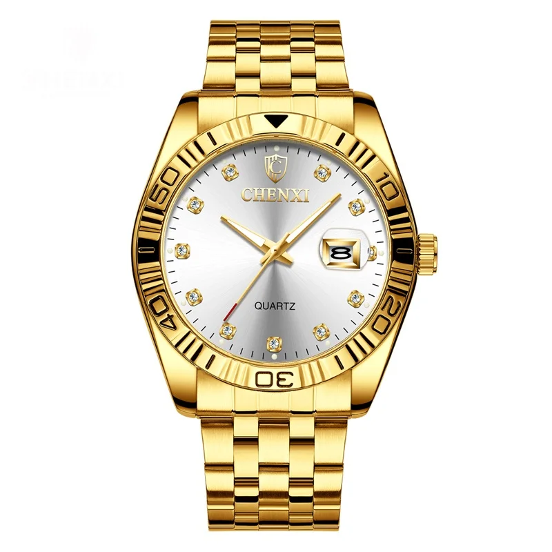 Men White Dial CHENXI брендовые парные часы, кварцевые часы для влюбленных, наручные часы для мужчин и женщин, золотые роскошные часы из нержавеющей стали, часы с календарем, Reloj Hombre - Цвет: Men White Dial