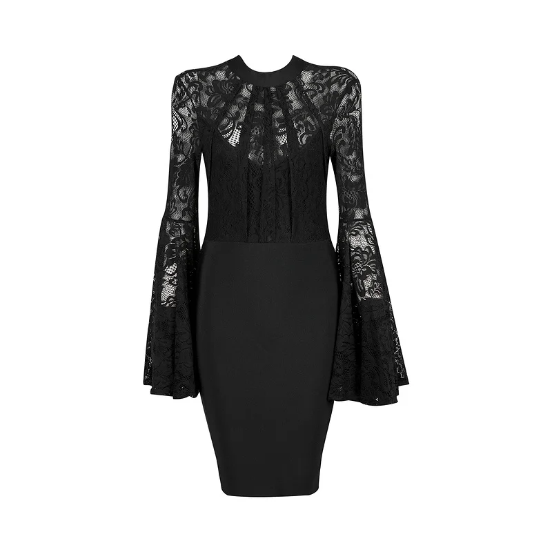 2019 New Winter Bandage Dress Chic Lace O Neck Long Sleeve Black Celebrity Party Sexy Woman Vestidos Wholesale | Женская одежда