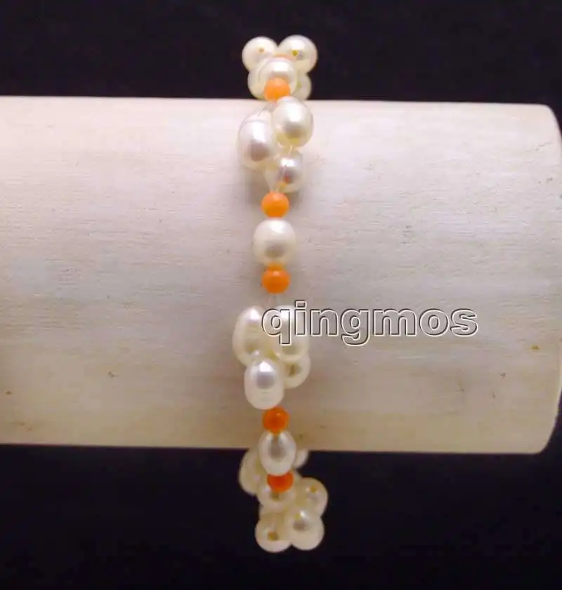

Small 5-6mm White Rice Natural freshwater pearl and 3-4mm Orange Coral 7.5'' Bracelet-bra340 Free shipping Wholesale/retail