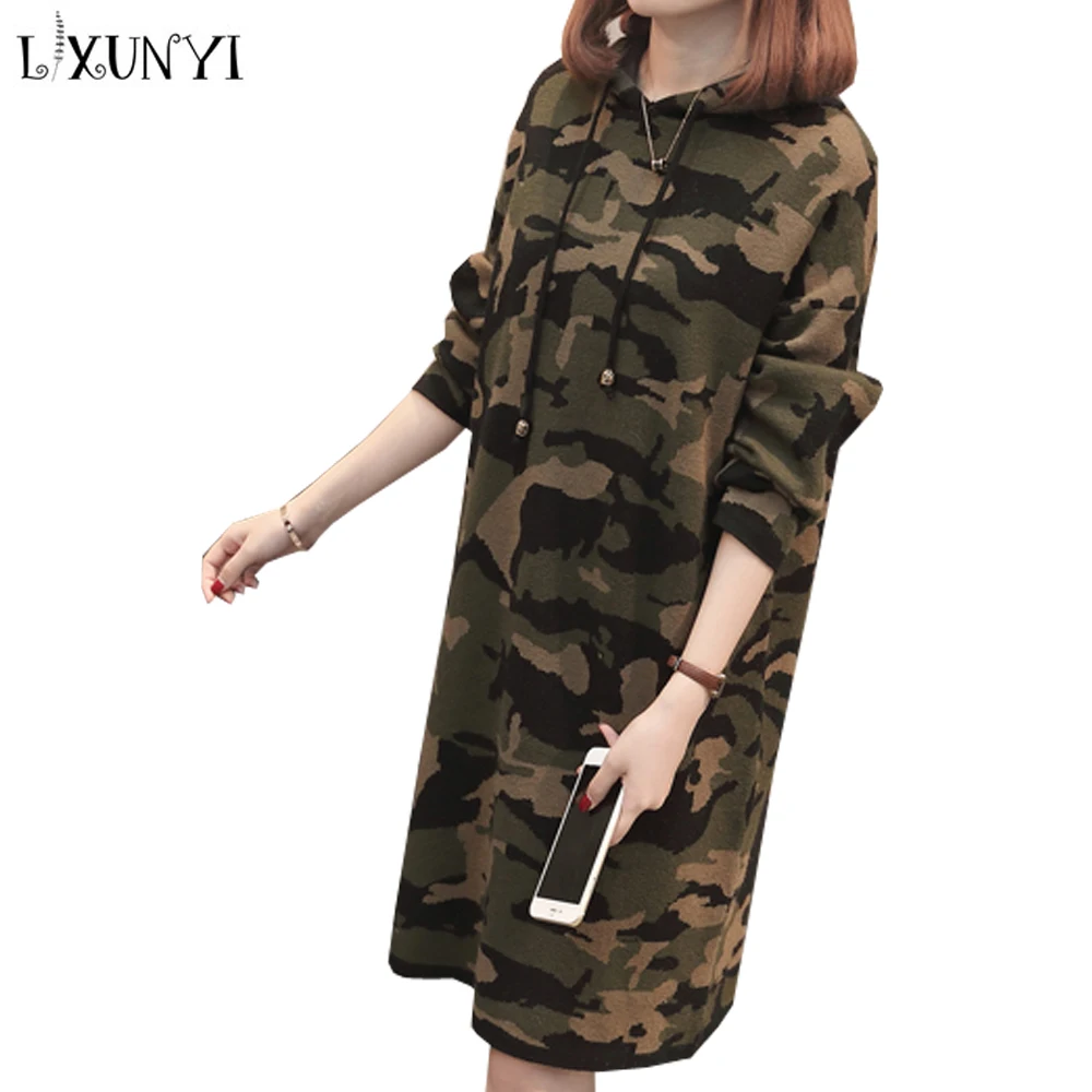 LXUNYI Новое камуфляжное женское трикотажное платье с капюшоном миди платья