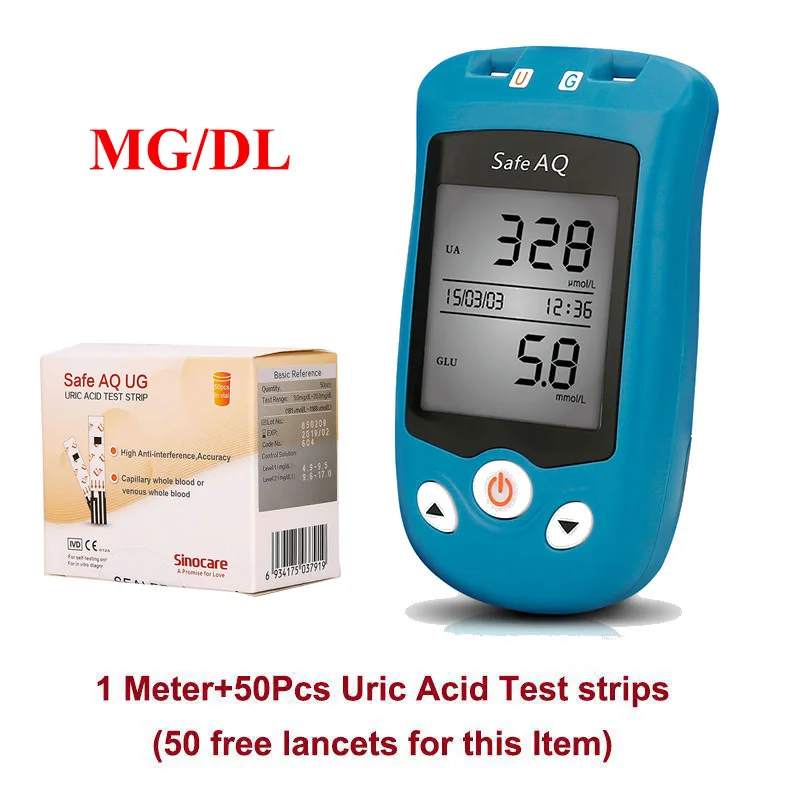 mg dL meter-50U Sinocare 2в1 CE безопасный АК UG глюкозы в крови измеритель кислотности и 50 тест-полоски для диабета Gout беременных родителей глюкометр - Цвет: mg dL meter-50U