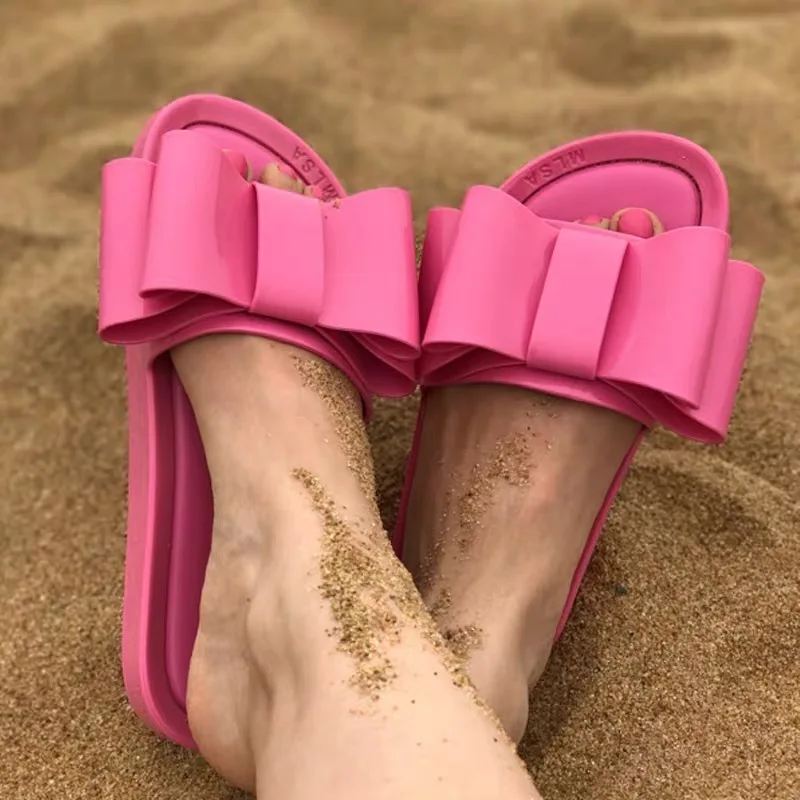 Melissa/женские шлепанцы; шлепанцы без задника с бантом; летняя пляжная обувь; женские шлепанцы на плоской подошве; Вьетнамки; женские сандалии в богемном стиле в стиле Рианны