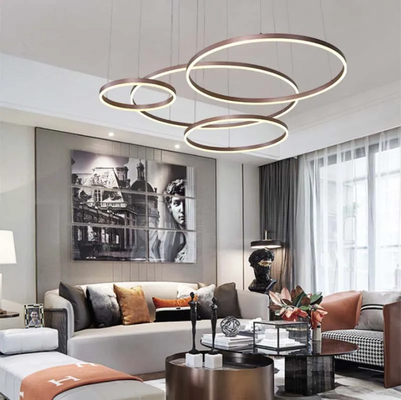 BOKT Modern Led Chandelier Lighting Gold Brown Living Room Dining Room Aluminum Body 1/2/3 Circle Rings Acrylic Hanging Lamp