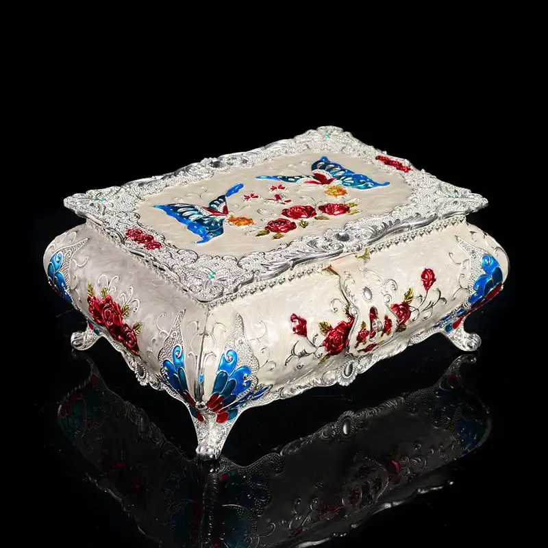 Silver Butterfly PEANDIM винтажная Цветочная шкатулка с замком, резная металлическая шкатулка, много цветов, эмалированная подвеска, кольца для хранения, бутик, шкатулка, Декор, чехол - Цвет: Silver Butterfly