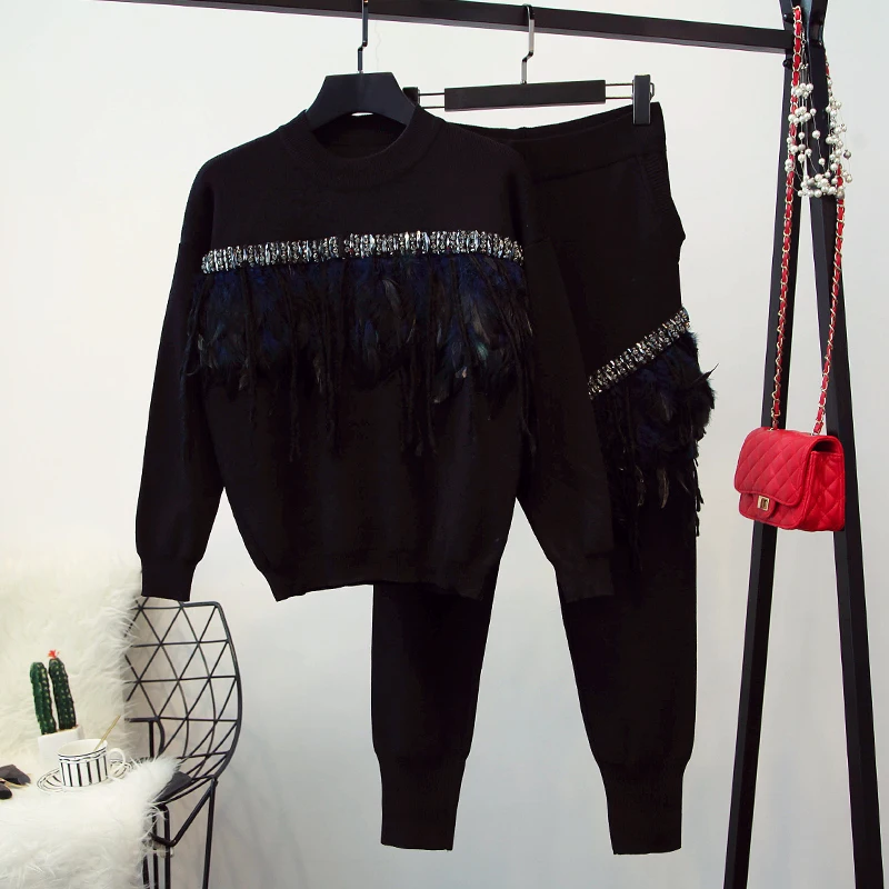 Перо diomend Бисер Вязание свитер брюки Двойка Комплект Высокое качество зима