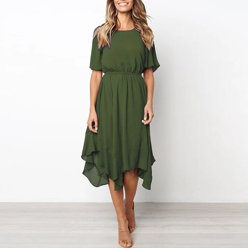 Женское Повседневное Платье До Колена однотонное платье с коротким рукавом и