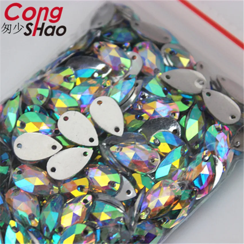 Cong Shao 50-200 шт 6*12/7*12 мм, форма в виде капли кристаллов AB Стразы с плоским основанием для шитья 2 отверстия камни смола для DIY свадебное платье WC66